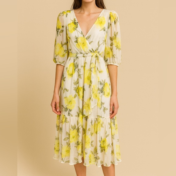 Calvin Klein Dresses & Skirts - Calvin Klein Yellow Floral Chiffon Wrap Midi Dress Women’s Size 6